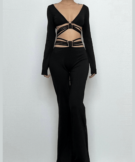 Fall Nights Out: The 'Unleashed' Black O-Ring Cutout Long Sleeve Top & Wide Leg Pant Set