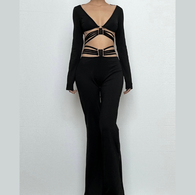 Fall Nights Out: The 'Unleashed' Black O-Ring Cutout Long Sleeve Top & Wide Leg Pant Set