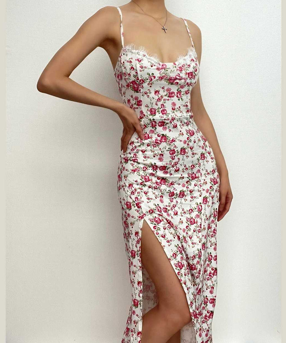 Romantic White Floral Lace Trim Cami Midi Dress with High Slit - Chic Autumn Events & Vacation Style