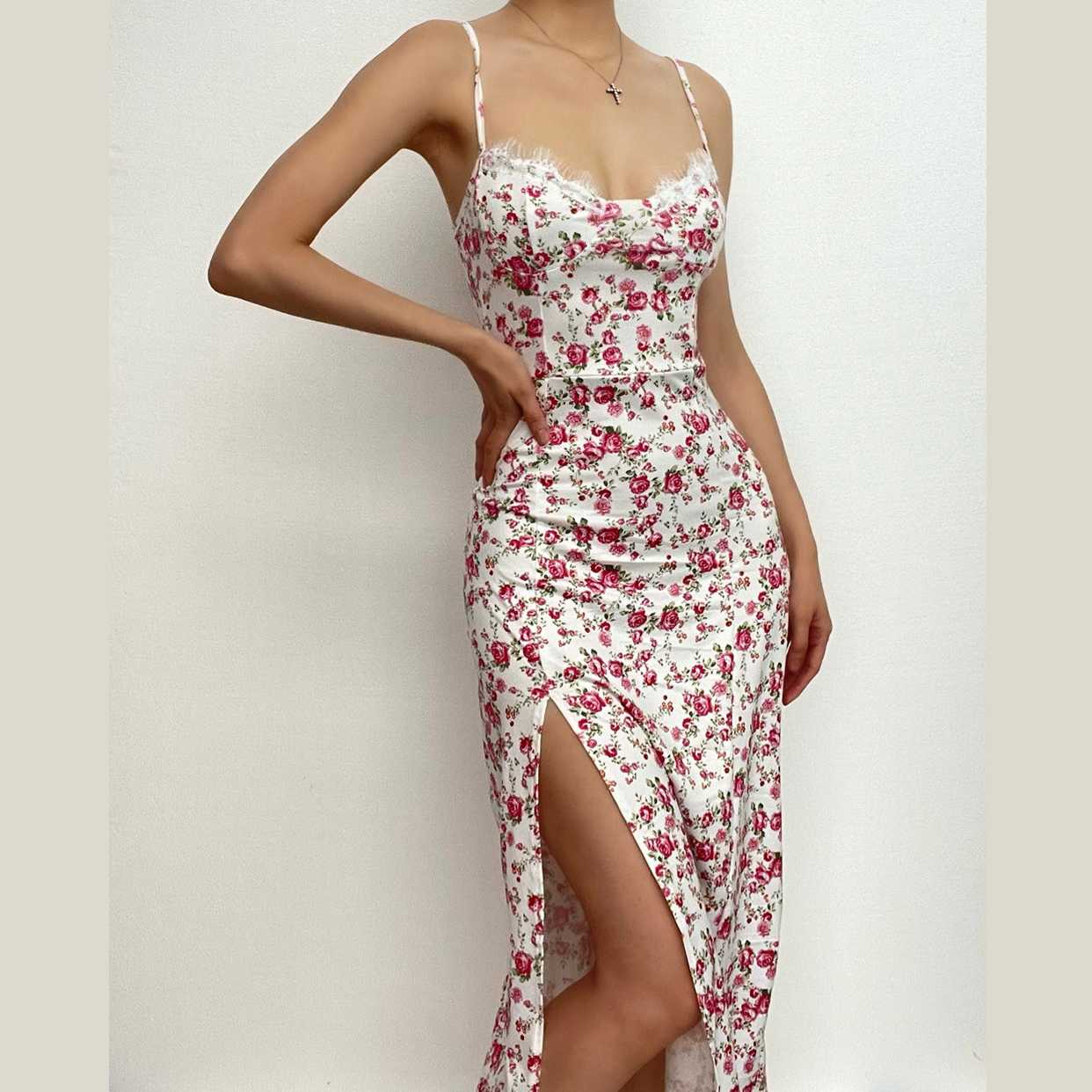 Romantic White Floral Lace Trim Cami Midi Dress with High Slit - Chic Autumn Events & Vacation Style