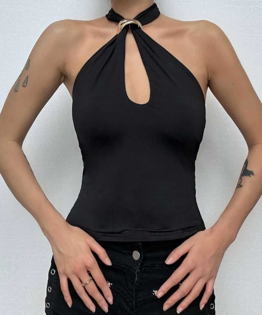 Edgy Black Halter Top with Gold Ring & Keyhole Cutout | Fall Party & Date Night Style