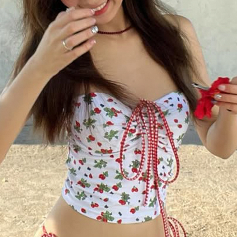 Sweet Strawberry Gingham Ruched Tube Top - Vacation & Getaway Ready Crop