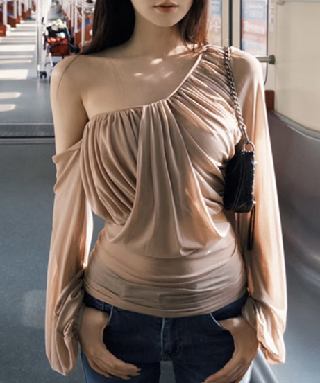 Effortless Chic: One-Shoulder Draped Long Sleeve Top for Fall & Holiday