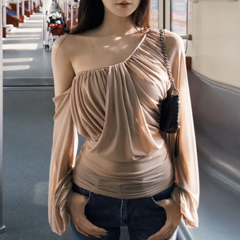 Effortless Chic: One-Shoulder Draped Long Sleeve Top for Fall & Holiday