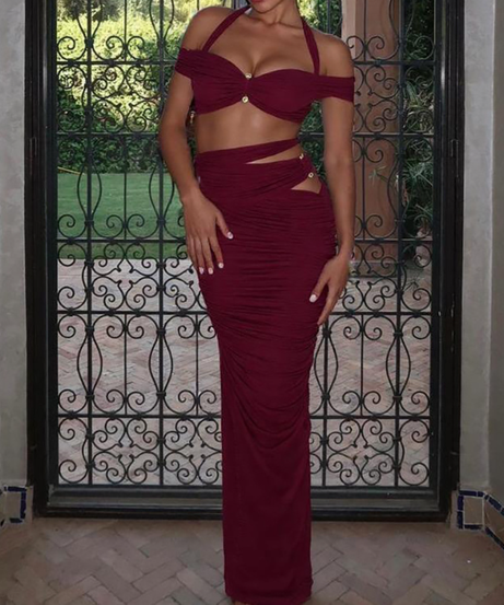 Fall & Holiday Glam: Burgundy Ruched Halter Crop Top & Maxi Skirt Set