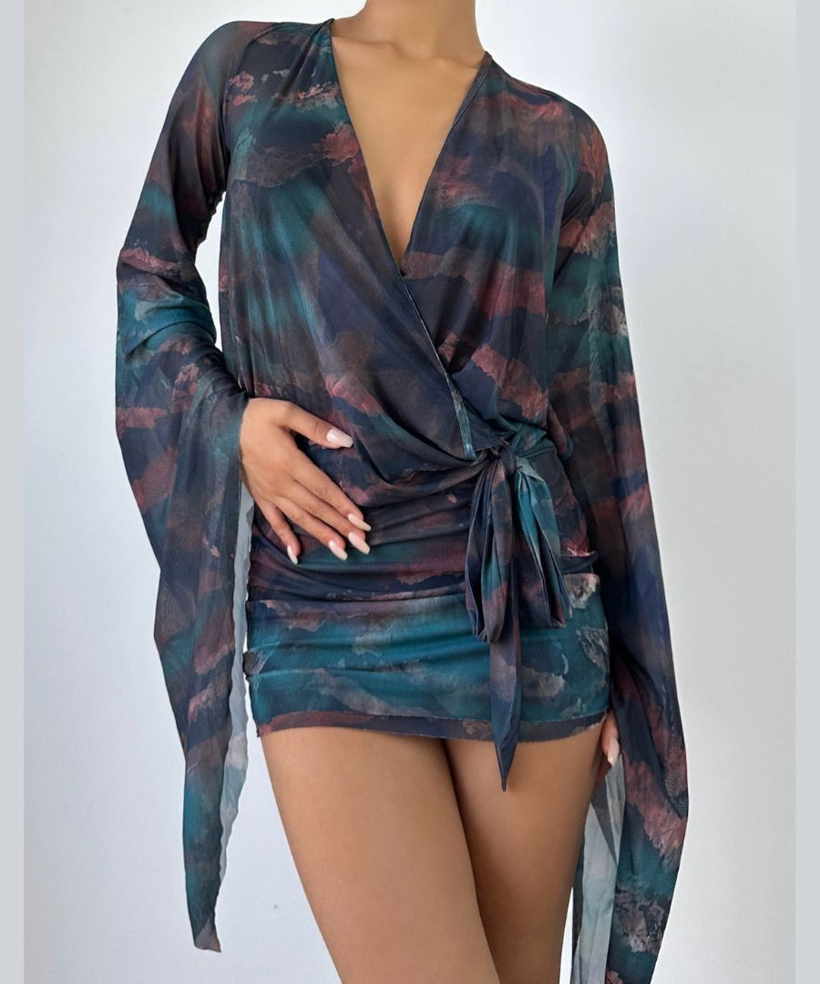 Autumn Allure Deep V Mesh Wrap Mini Dress - Flowy Sleeves & Abstract Print