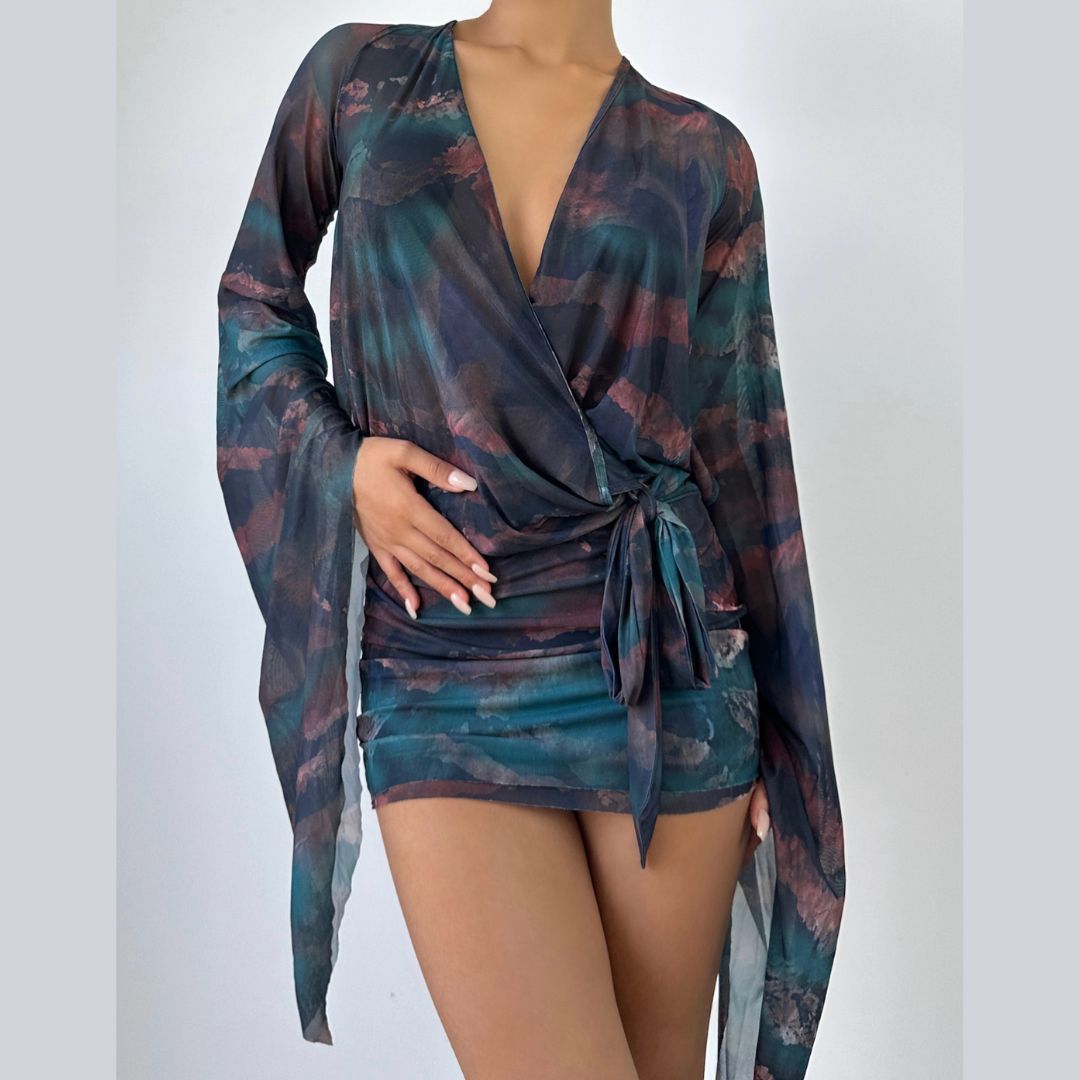 Autumn Allure Deep V Mesh Wrap Mini Dress - Flowy Sleeves & Abstract Print