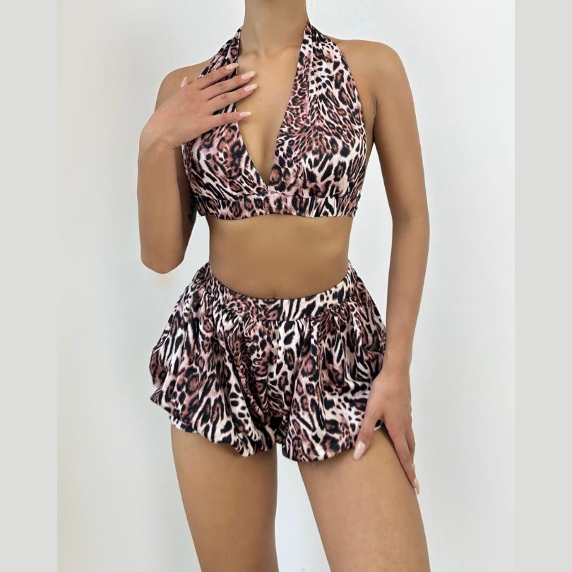 Sultry Leopard Print Halter Crop Top & Flutter Shorts Set | Fall Glam & Vacation Ready