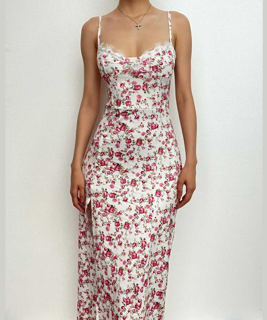 Romantic White Floral Lace Trim Cami Midi Dress with High Slit - Chic Autumn Events & Vacation Style