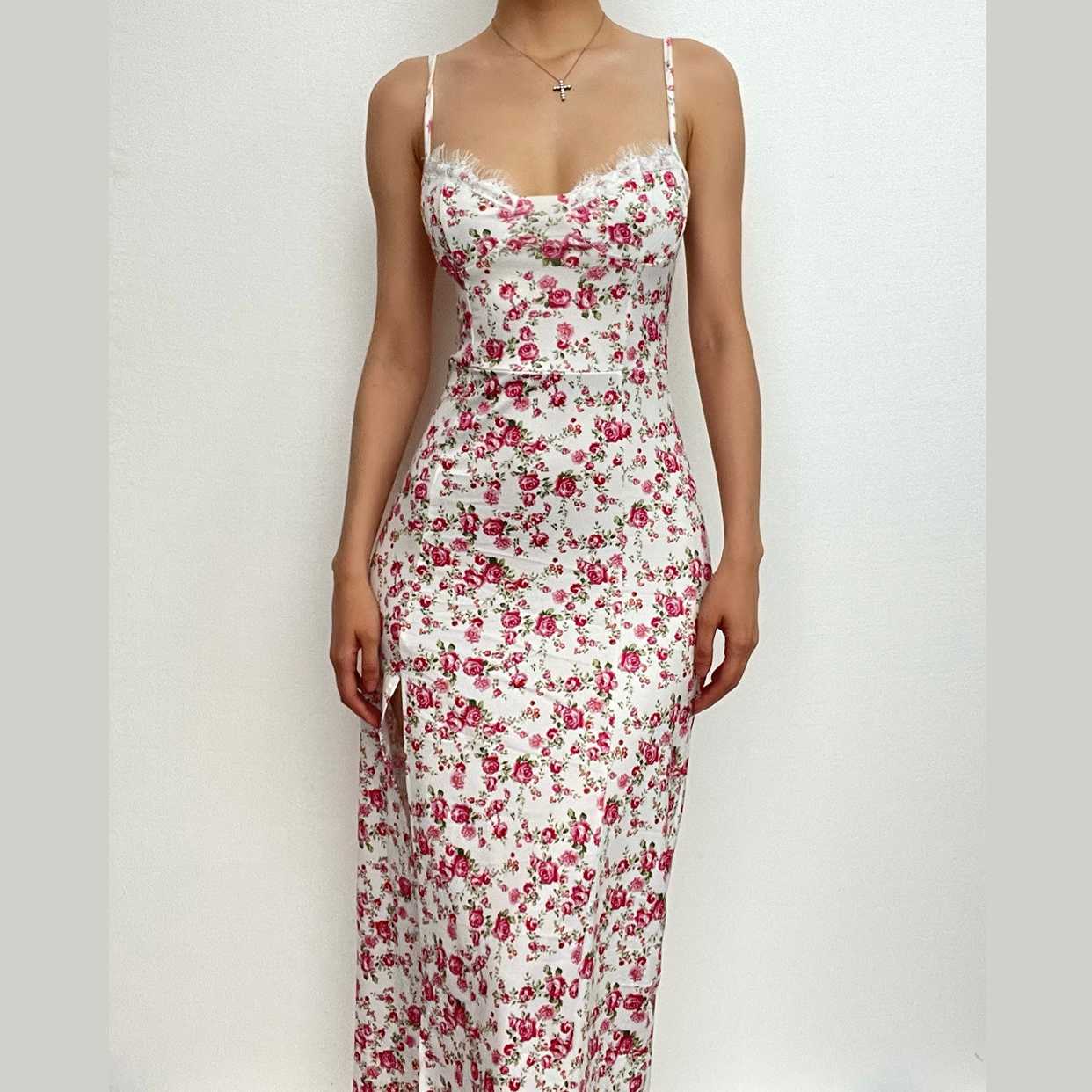 Romantic White Floral Lace Trim Cami Midi Dress with High Slit - Chic Autumn Events & Vacation Style