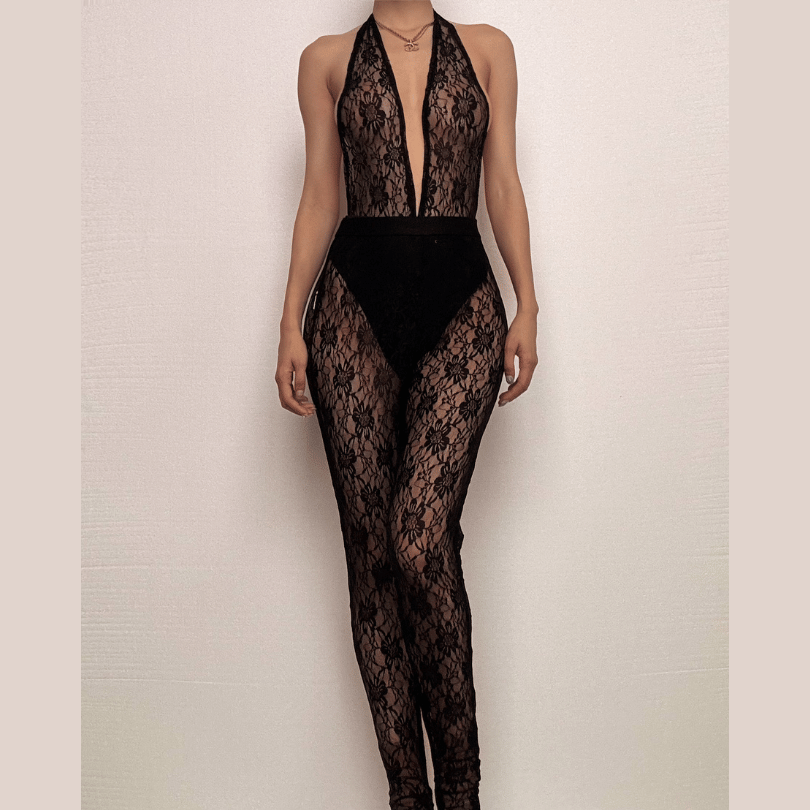 Sultry Siren Black Lace Halter Jumpsuit – Your Daring Fall & Halloween Statement