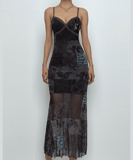 Enchanting Patchwork Mesh Maxi Slip Dress | Velvet, Lace & Fall Grunge Chic