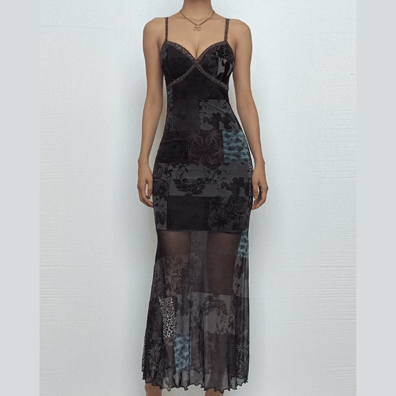 Enchanting Patchwork Mesh Maxi Slip Dress | Velvet, Lace & Fall Grunge Chic