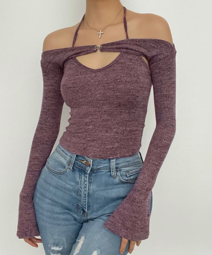 Effortless Fall Style: Halter Off-Shoulder Knit Top | Layered Look Bell Sleeve Sweater