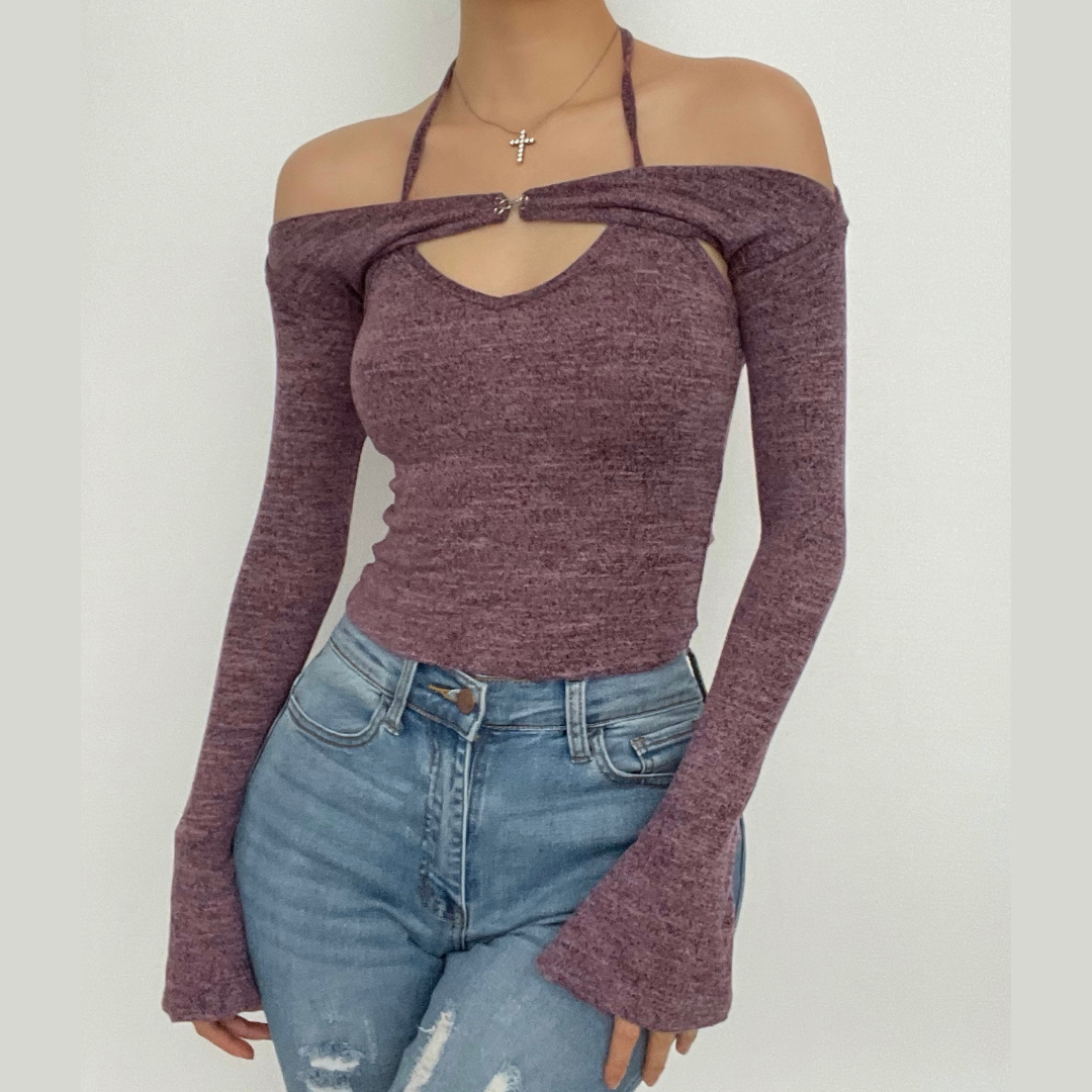 Effortless Fall Style: Halter Off-Shoulder Knit Top | Layered Look Bell Sleeve Sweater