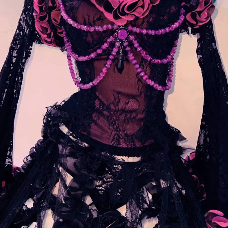 Enchanting Black & Pink Gothic 3-Piece Set: Corset, Ruffled Skirt & Lace Shrug - Perfect for Halloween & Fall Events