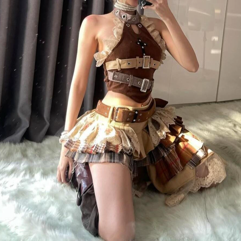 Steampunk Siren Buckle & Plaid Mini Skirt Set - Edgy Fall Festival & Halloween Outfit