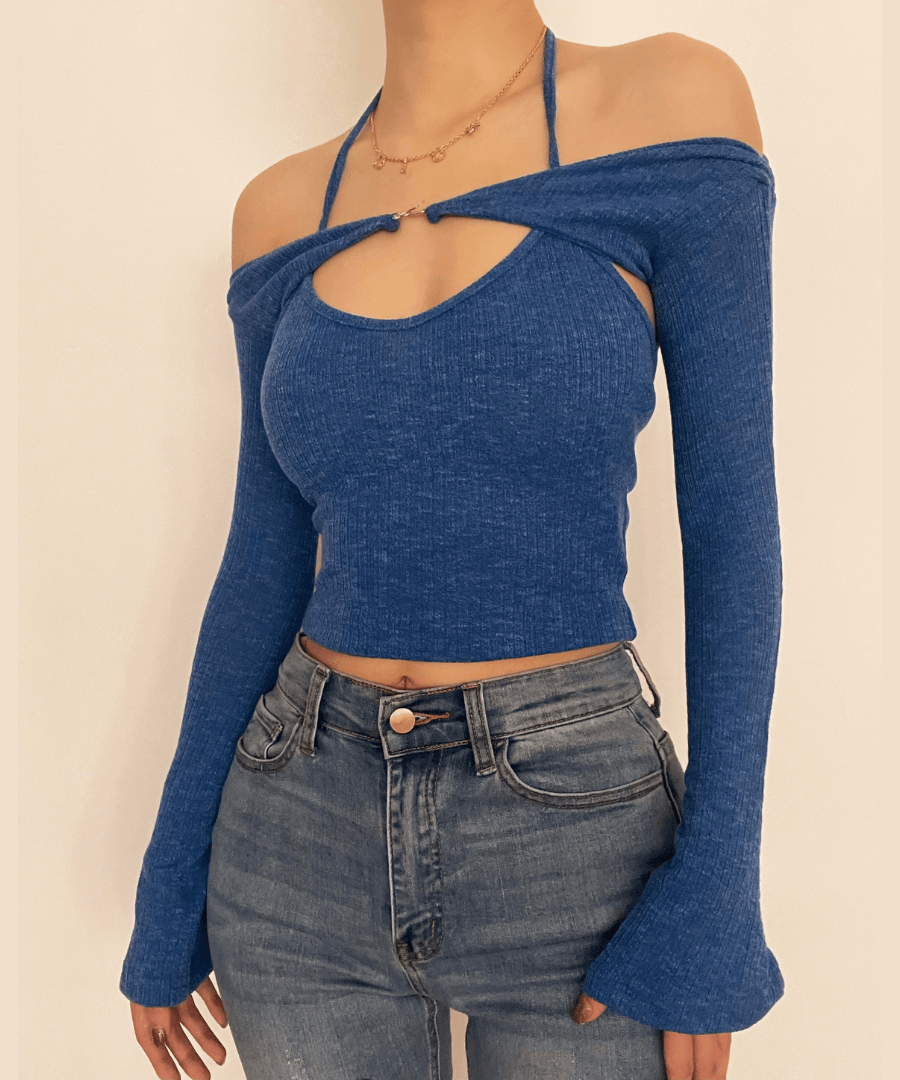 Effortless Fall Style: Halter Off-Shoulder Knit Top | Layered Look Bell Sleeve Sweater
