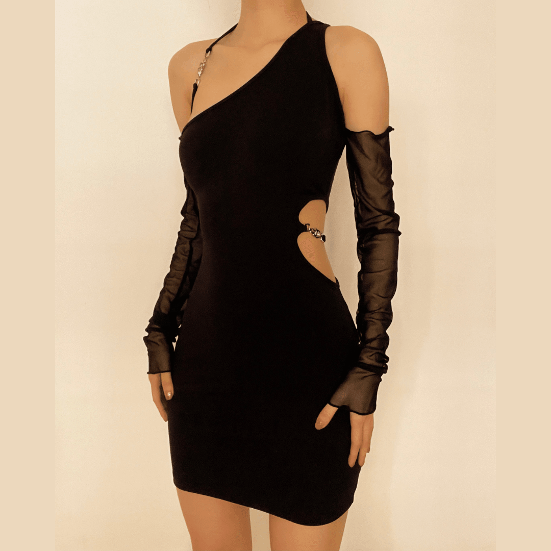 Chain Detail One-Shoulder Bodycon Mini Dress with Sheer Mesh Sleeves – Your Fall & Holiday Party Statement