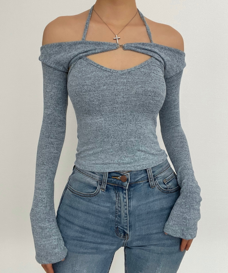 Effortless Fall Style: Halter Off-Shoulder Knit Top | Layered Look Bell Sleeve Sweater
