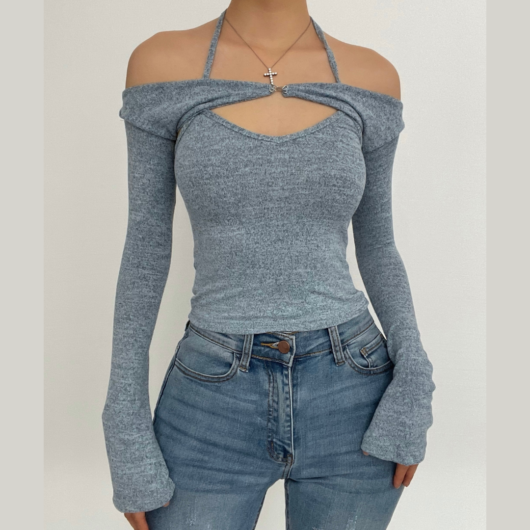 Effortless Fall Style: Halter Off-Shoulder Knit Top | Layered Look Bell Sleeve Sweater