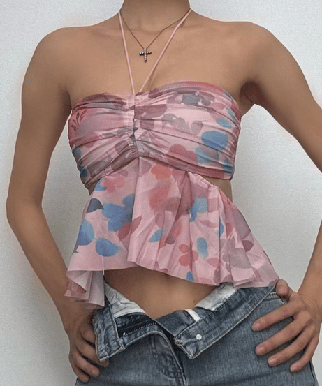 Trendy Y2K Floral Mesh Halter Peplum Top - Ruched Going Out & Vacation