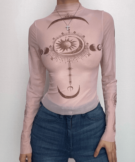 Cosmic Aura Sheer Mesh Mock Neck Top - Celestial Sun & Moon Fall Fashion
