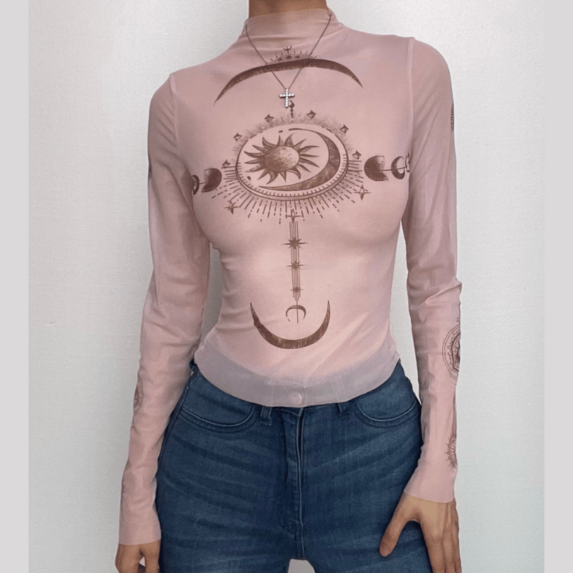 Cosmic Aura Sheer Mesh Mock Neck Top - Celestial Sun & Moon Fall Fashion