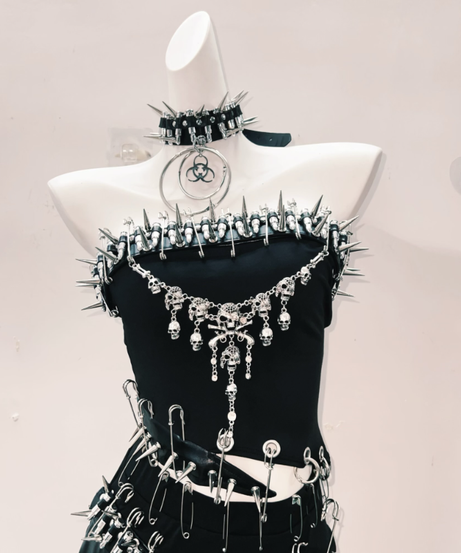Fierce Biohazard Spiked Safety Pin Mini Dress - Halloween, Goth & Clubwear Statement