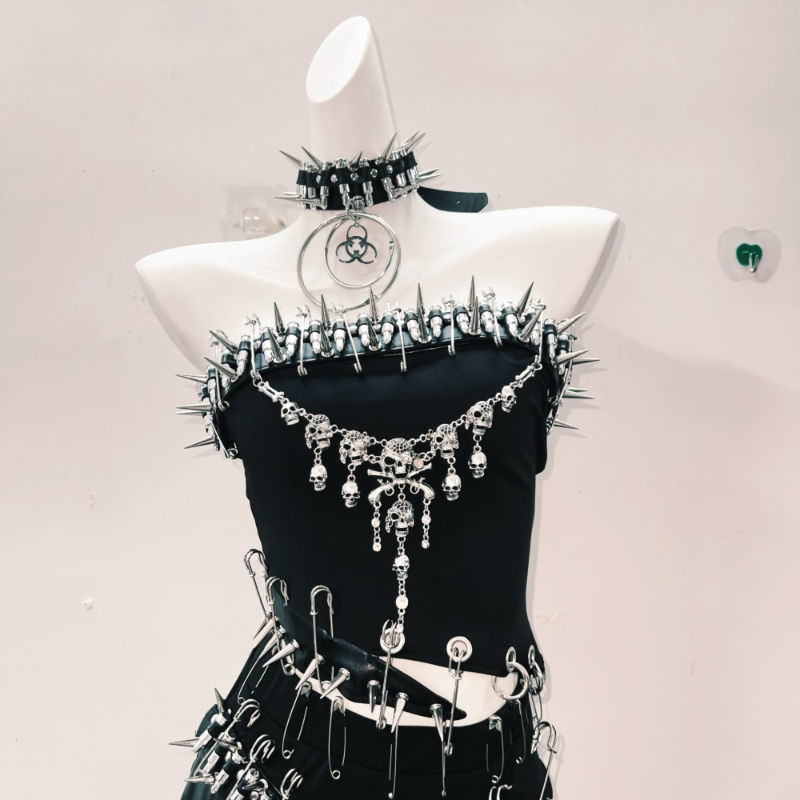 Fierce Biohazard Spiked Safety Pin Mini Dress - Halloween, Goth & Clubwear Statement