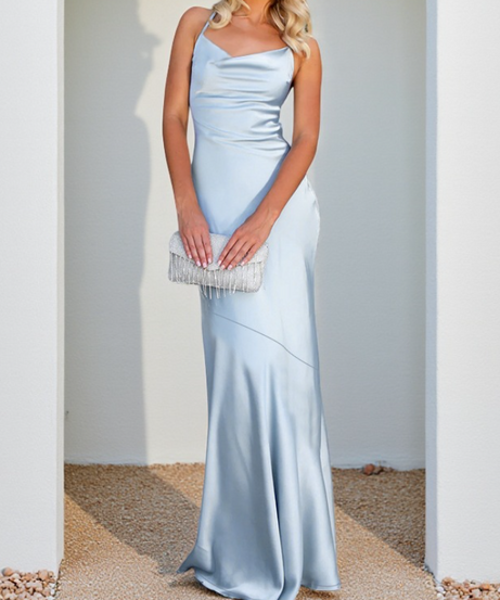 Elegant Red Satin Cowl Neck Criss-Cross Back Mermaid Maxi Dress - Perfect for Holiday Galas & New Year's Eve