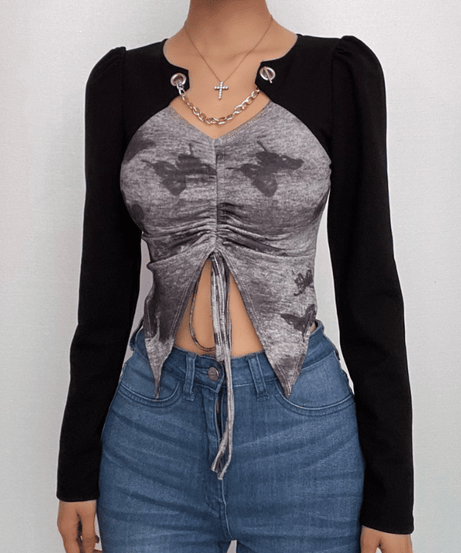 Y2K Edgy Butterfly Print Ruched Crop Top with Chain Bolero - Chic Fall Layering
