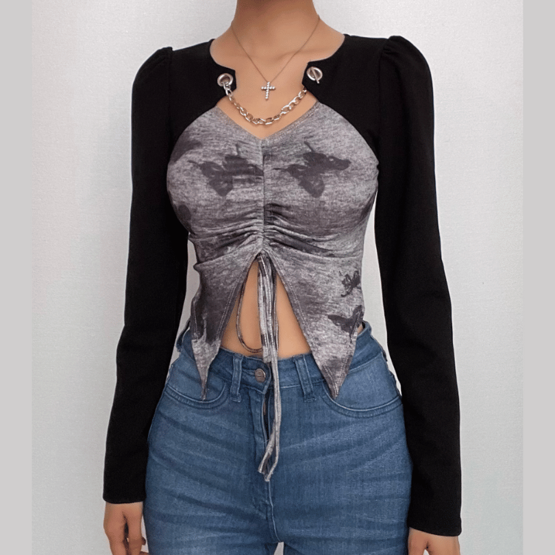 Y2K Edgy Butterfly Print Ruched Crop Top with Chain Bolero - Chic Fall Layering