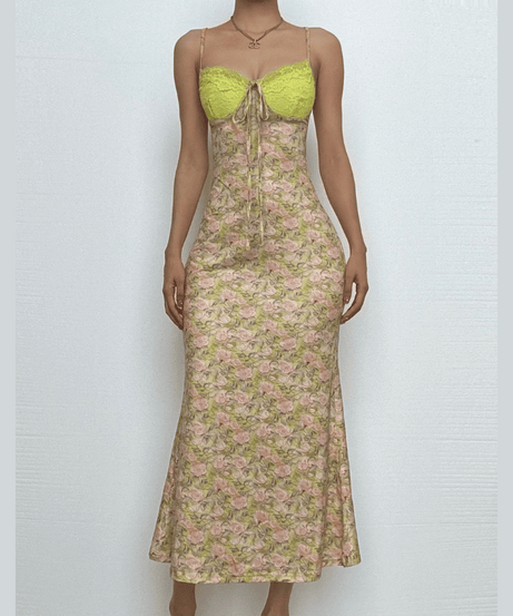 Golden Hour Glam: Autumn Bloom Floral Maxi Dress with Zesty Lime Lace Sweetheart Top