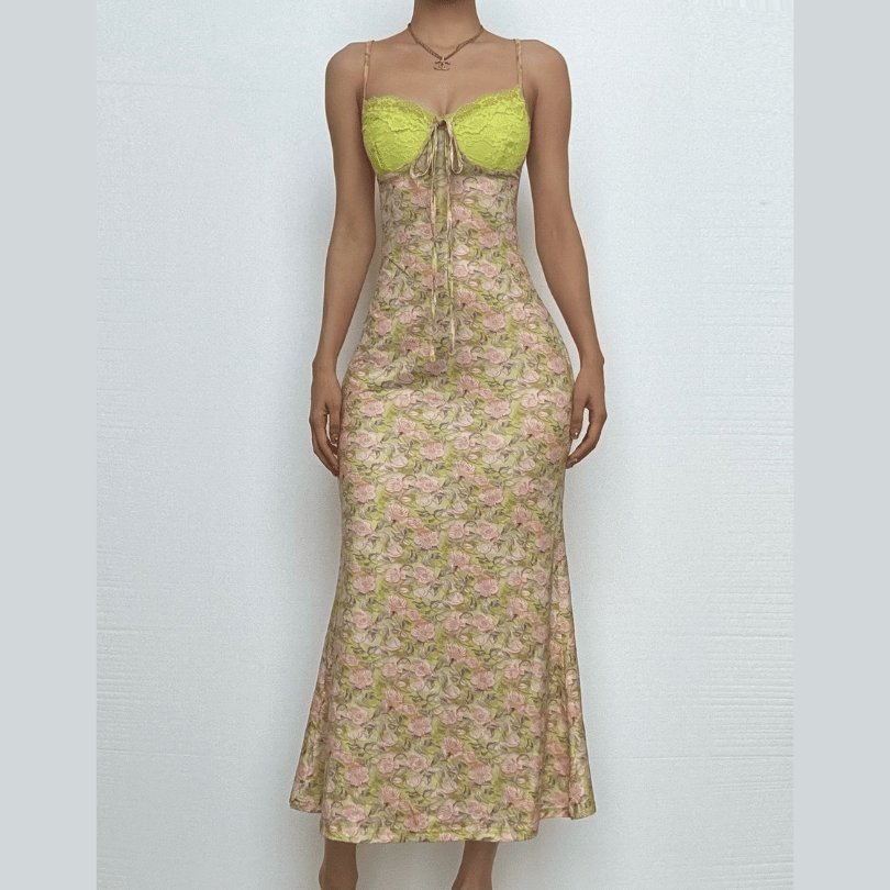 Golden Hour Glam: Autumn Bloom Floral Maxi Dress with Zesty Lime Lace Sweetheart Top