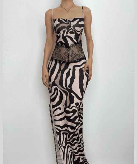Statement Zebra Print Maxi Dress | Lace Cutout & High Slit for Fall Glam