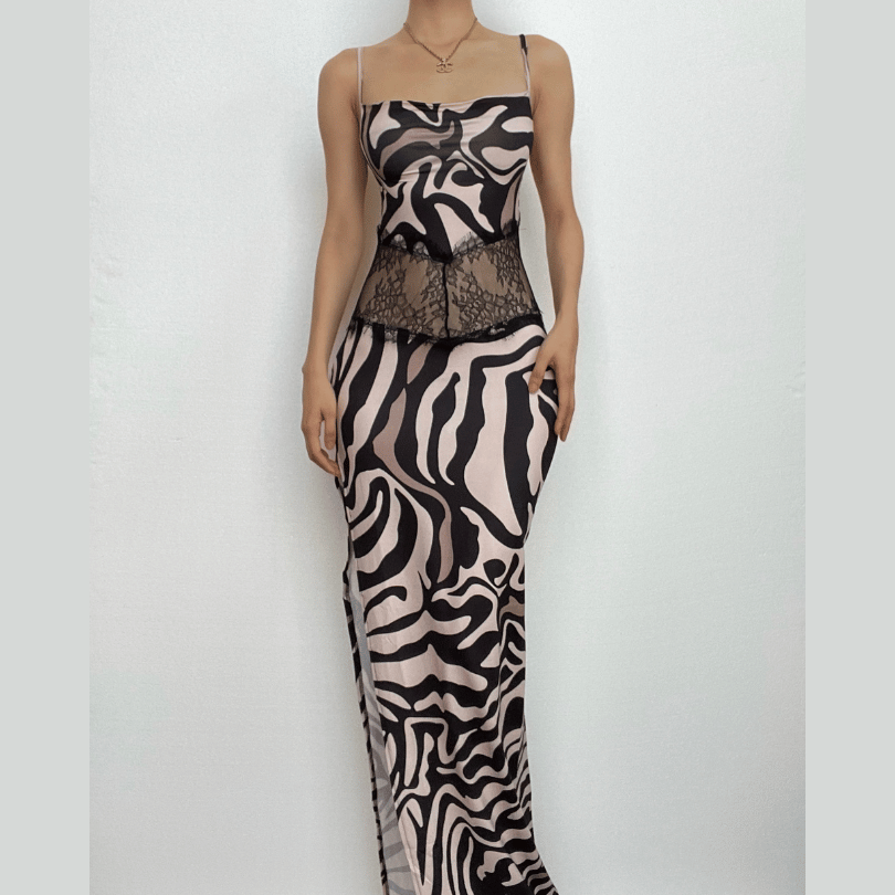 Statement Zebra Print Maxi Dress | Lace Cutout & High Slit for Fall Glam