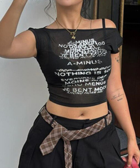 Y2K Edgy Sheer Graphic Crop Top | Trendy Off-Shoulder Mesh Tee for Fall
