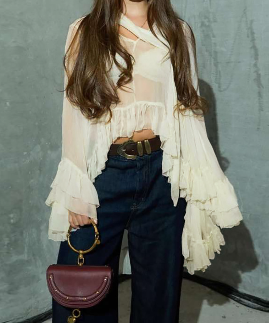 Boho Chic Sheer Ruffle Blouse - Flowy Tiered Bell Sleeve Top for Fall