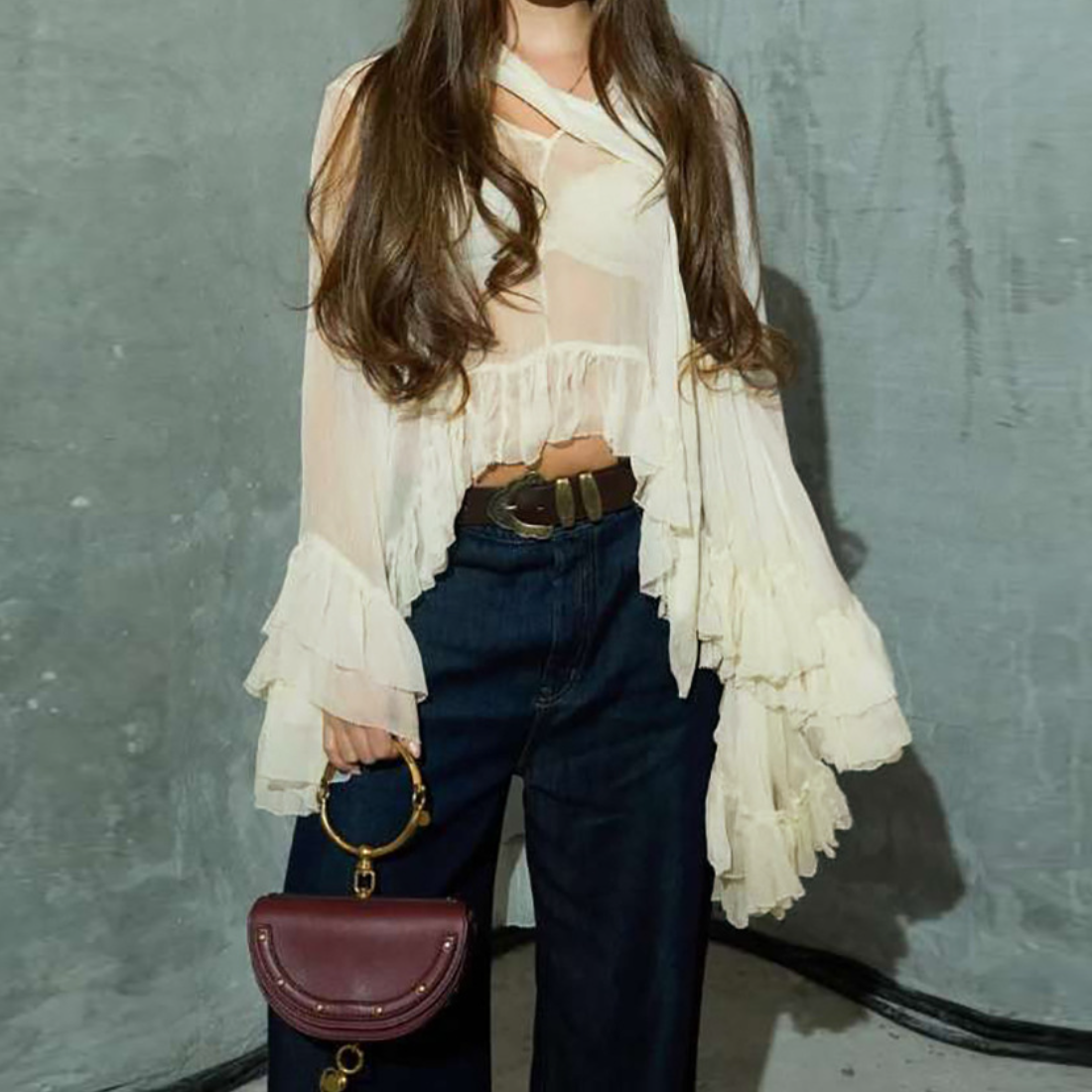 Boho Chic Sheer Ruffle Blouse - Flowy Tiered Bell Sleeve Top for Fall