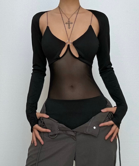 The "It Girl" O-Ring Mesh Bodysuit | Edgy Long Sleeve Top for Fall & Night Out