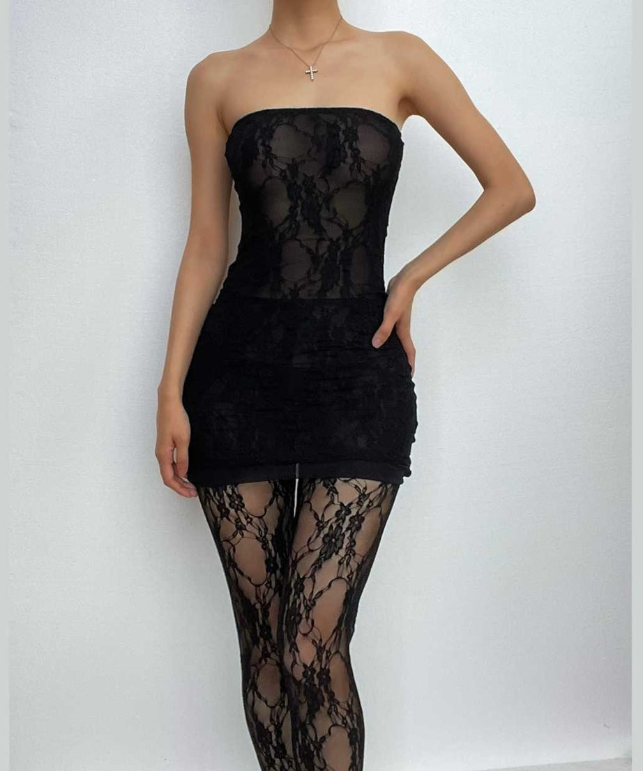 Seductive Black Lace Tube Mini Dress & Sheer Tights Set - Halloween, Party & Date Night Ready