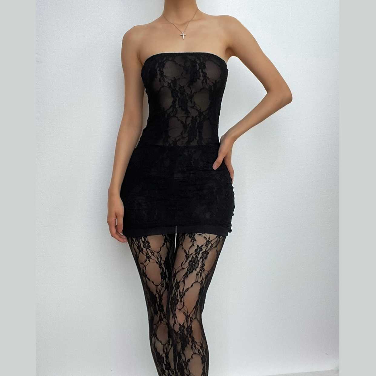 Seductive Black Lace Tube Mini Dress & Sheer Tights Set - Halloween, Party & Date Night Ready