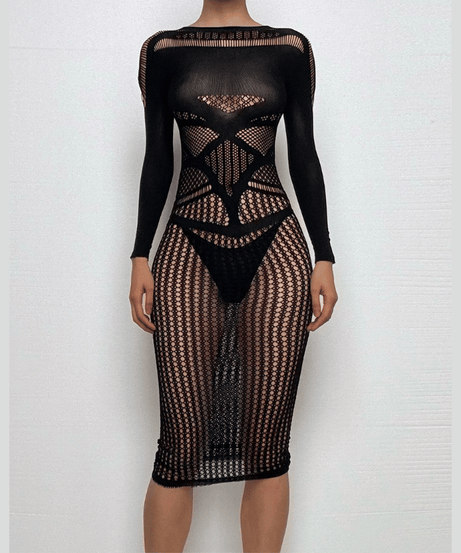 Gothic Glam Sheer Mesh Cutout Midi Dress - Perfect for Fall Parties & Halloween