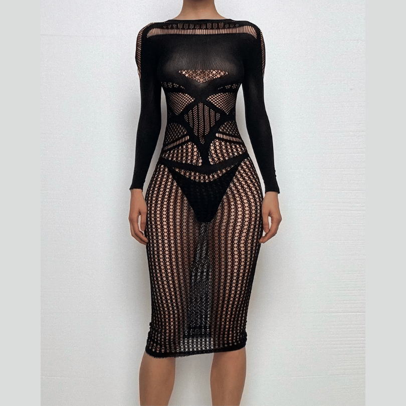 Gothic Glam Sheer Mesh Cutout Midi Dress - Perfect for Fall Parties & Halloween