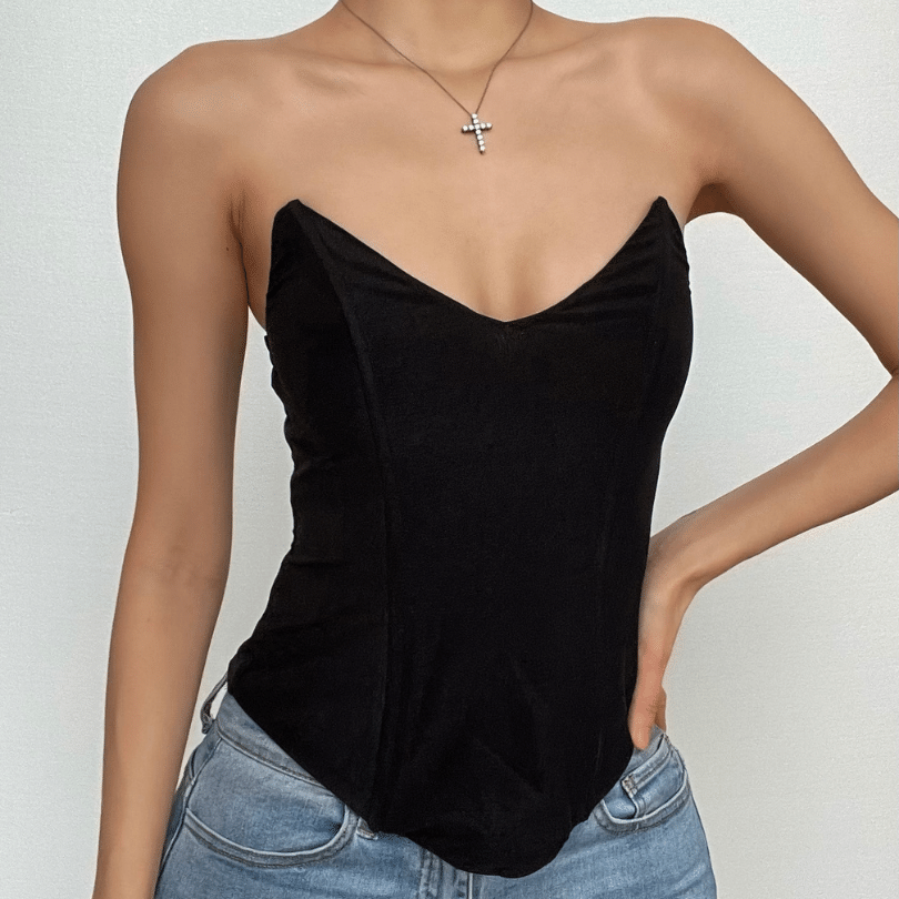 Black Velvet Strapless Sweetheart Corset Top - Chic Fall Nights & Party Glam
