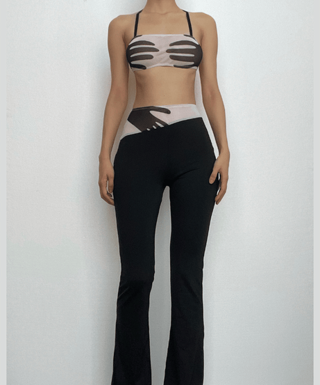 Spooky Chic Statement: Y2K 'Hands On Me' Halter Crop Top & Flare Pant Set - Fall Festival Ready!