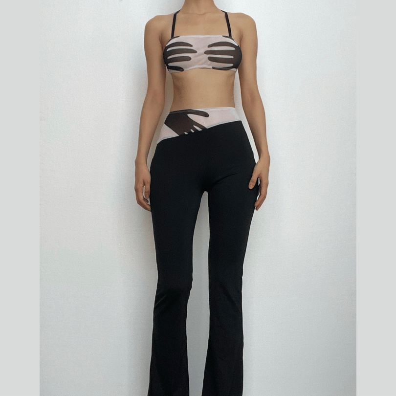 Spooky Chic Statement: Y2K 'Hands On Me' Halter Crop Top & Flare Pant Set - Fall Festival Ready!