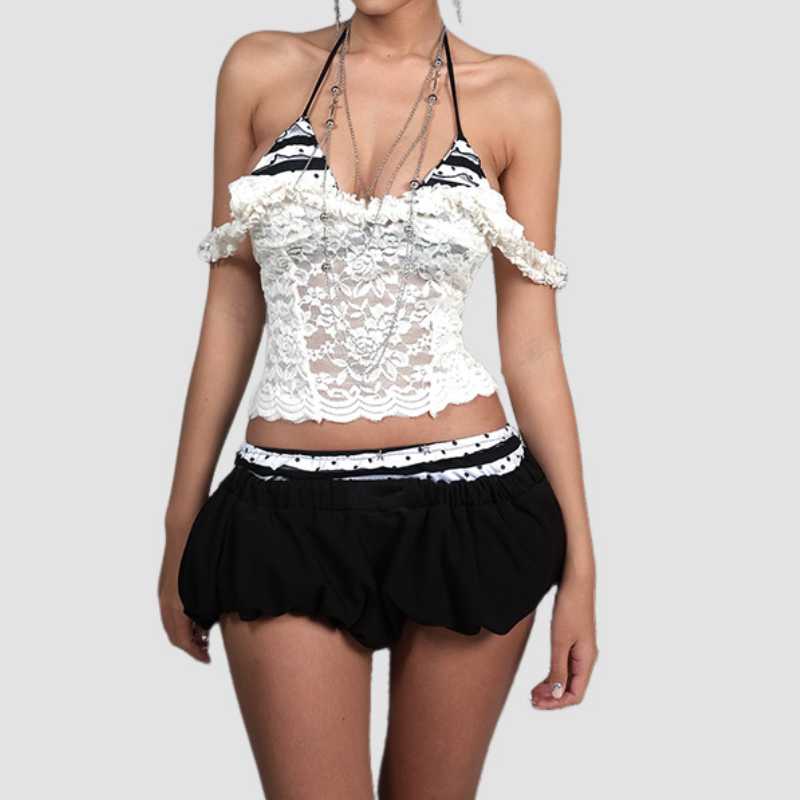 Y2K Grunge-Glam Lace Ruffle Off-Shoulder Halter Cami Top - Fall Nights & Party Ready