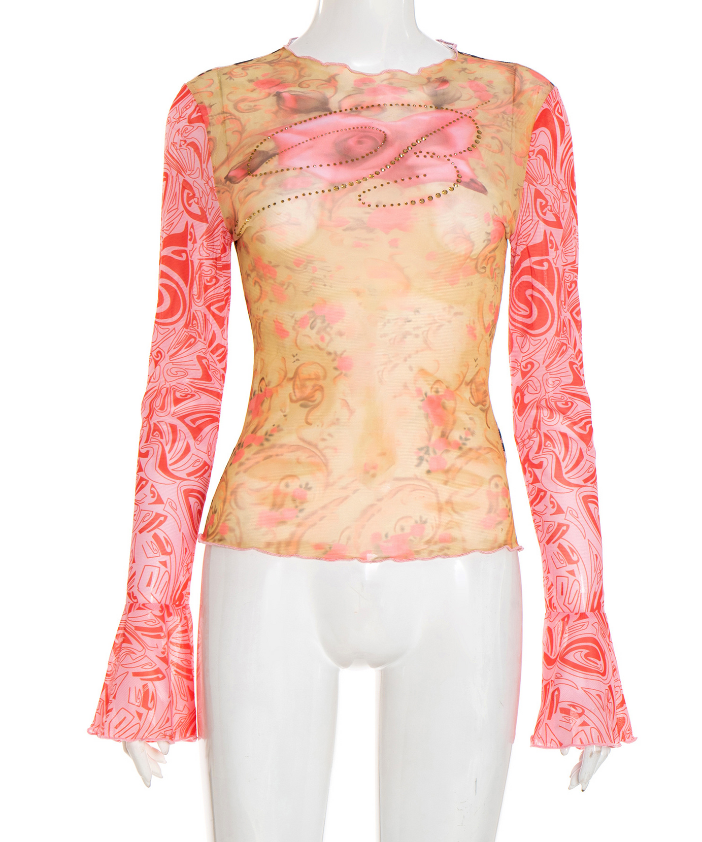 Autumn Bloom Sheer Mesh Top: Rhinestone Embellished, Flared Sleeves & Leopard Trim